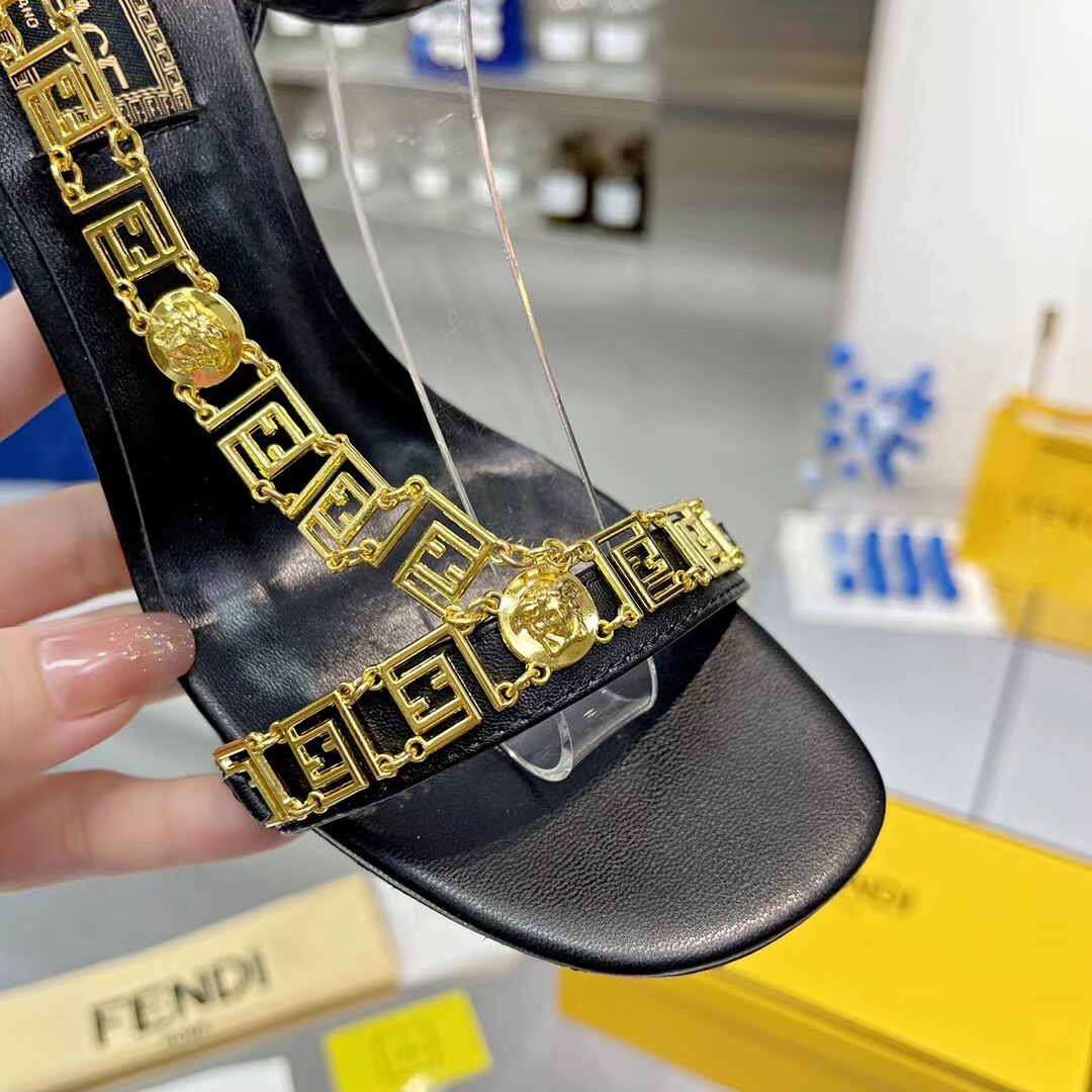 Fendi Fendi First Fendace Black Leather High-Heeled Sandals - DesignerGu