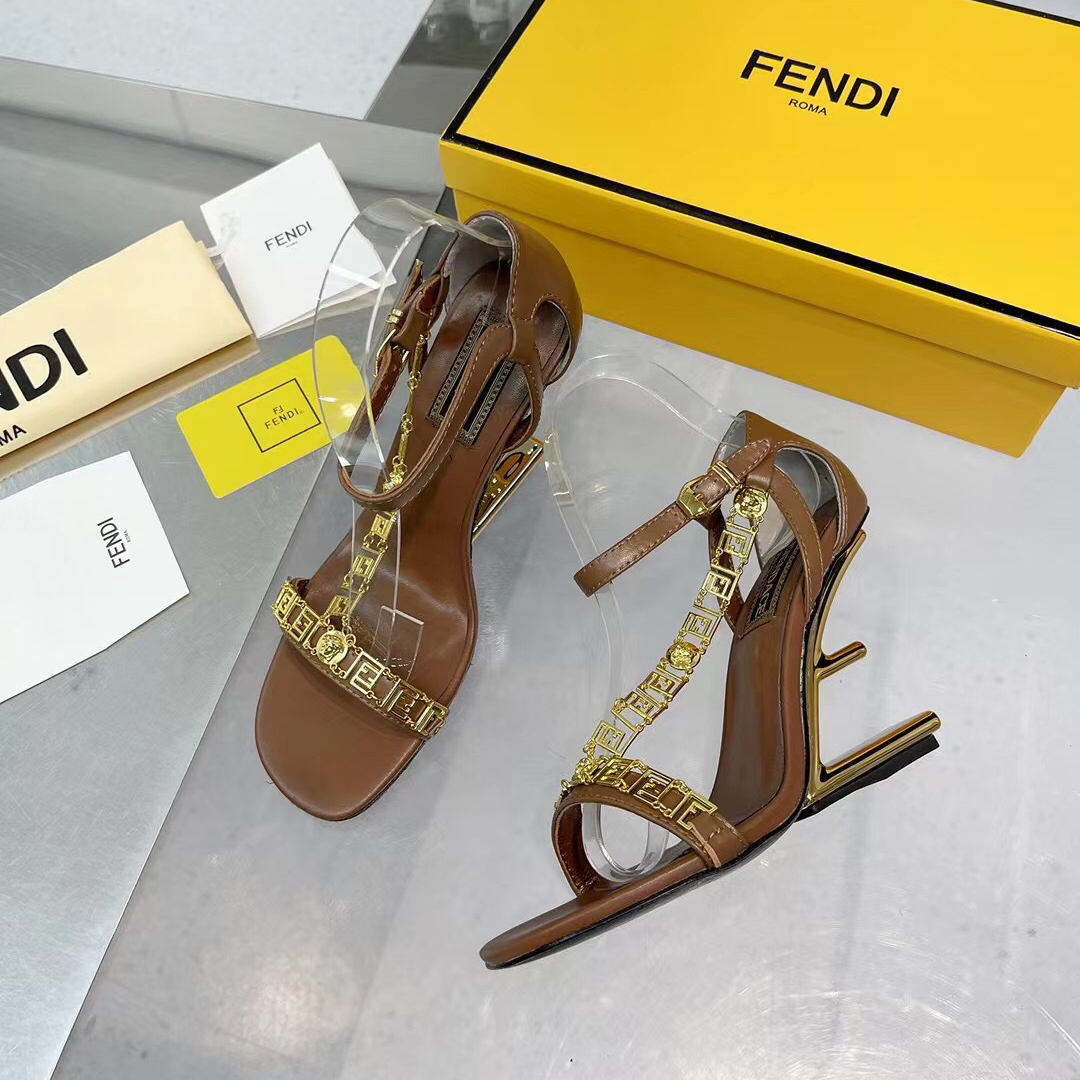 Fendi Fendi First Fendace Brown Leather High-Heeled Sandals - DesignerGu