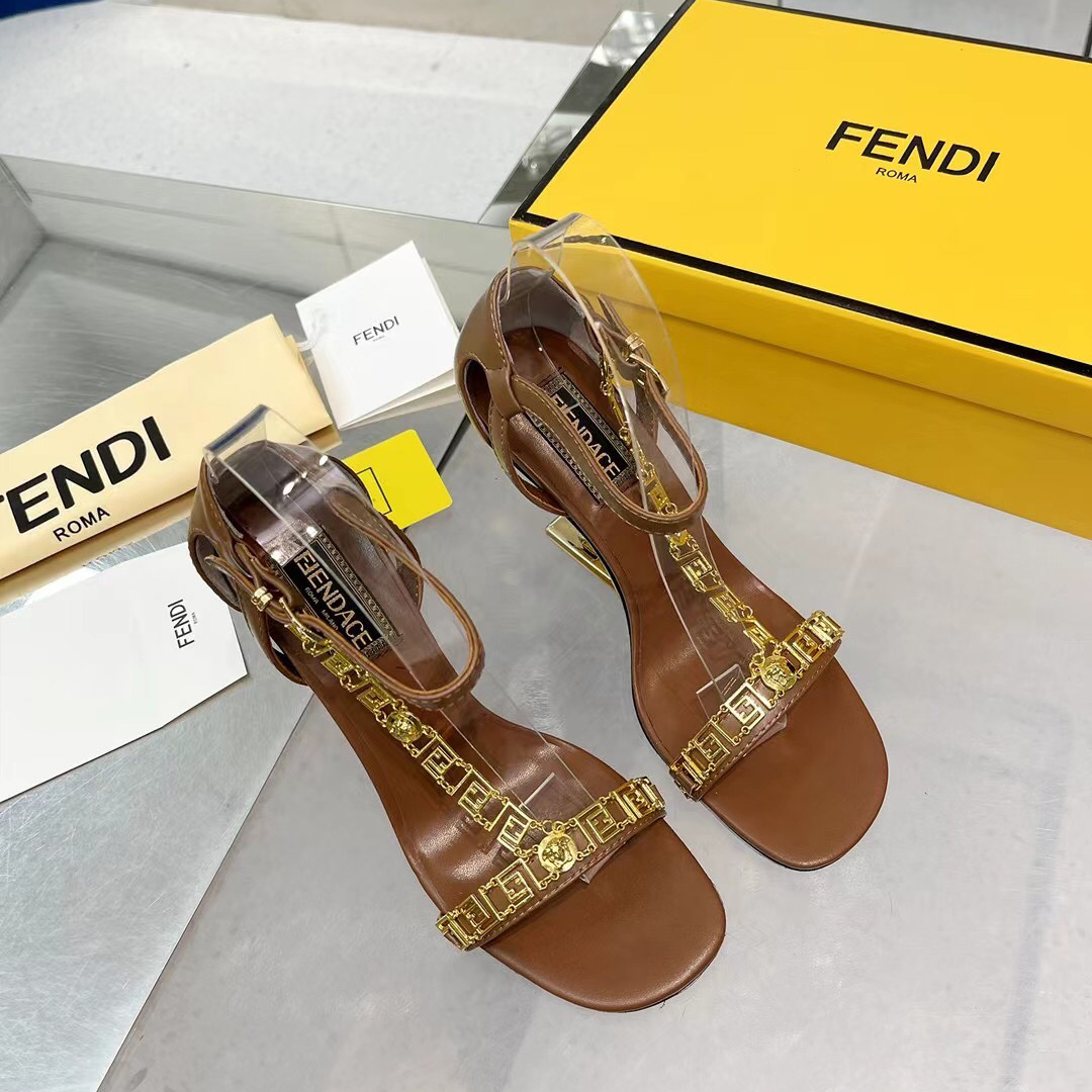 Fendi Fendi First Fendace Brown Leather High-Heeled Sandals - DesignerGu