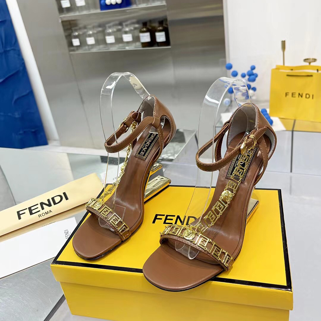 Fendi Fendi First Fendace Brown Leather High-Heeled Sandals - DesignerGu