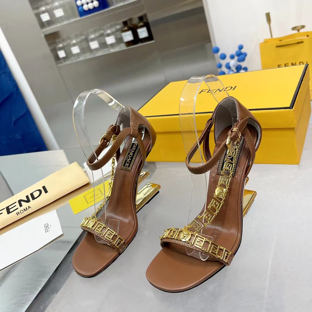 Fendi Fendi First Fendace Brown Leather High-Heeled Sandals - DesignerGu