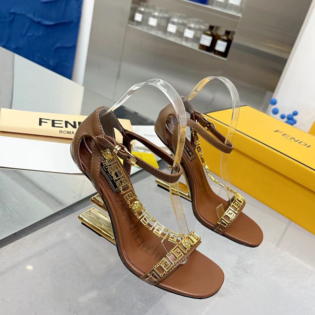 Fendi Fendi First Fendace Brown Leather High-Heeled Sandals - DesignerGu