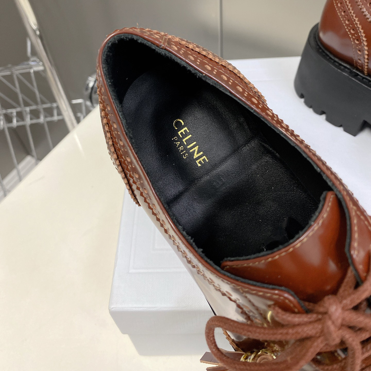 Celine Bulky Brogue Derby In Polished Bull - DesignerGu