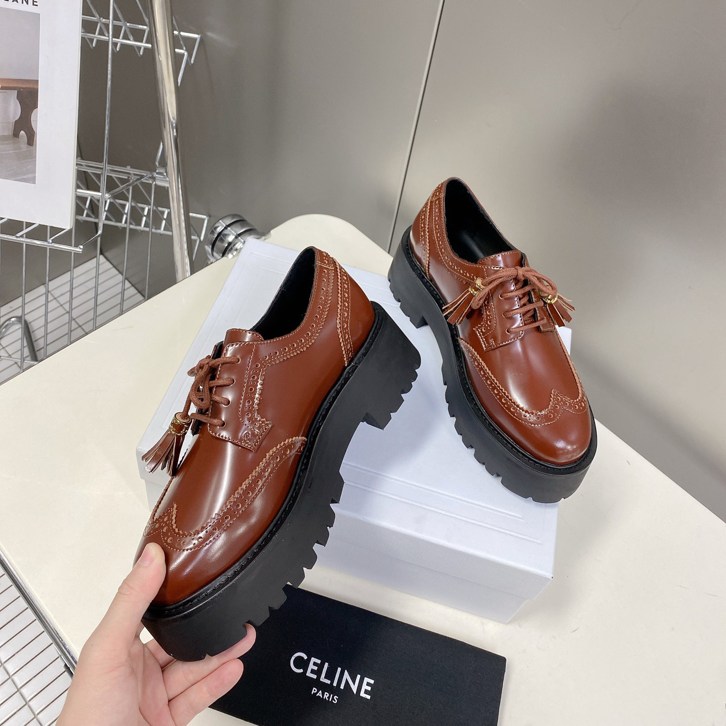 Celine Bulky Brogue Derby In Polished Bull - DesignerGu