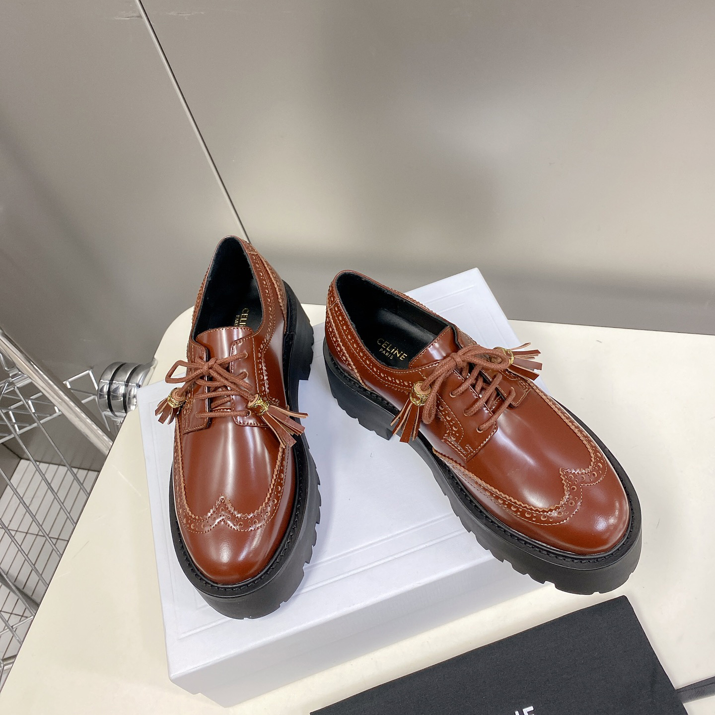 Celine Bulky Brogue Derby In Polished Bull - DesignerGu