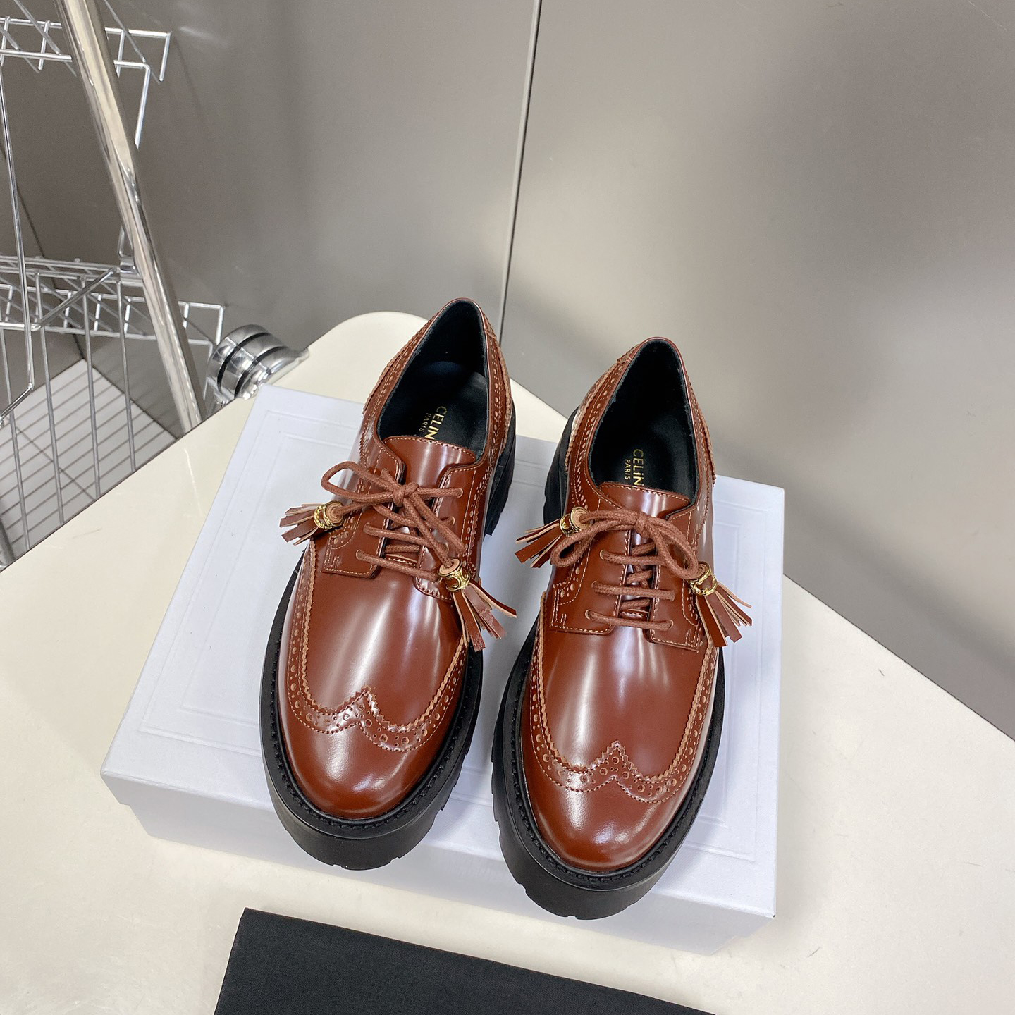 Celine Bulky Brogue Derby In Polished Bull - DesignerGu