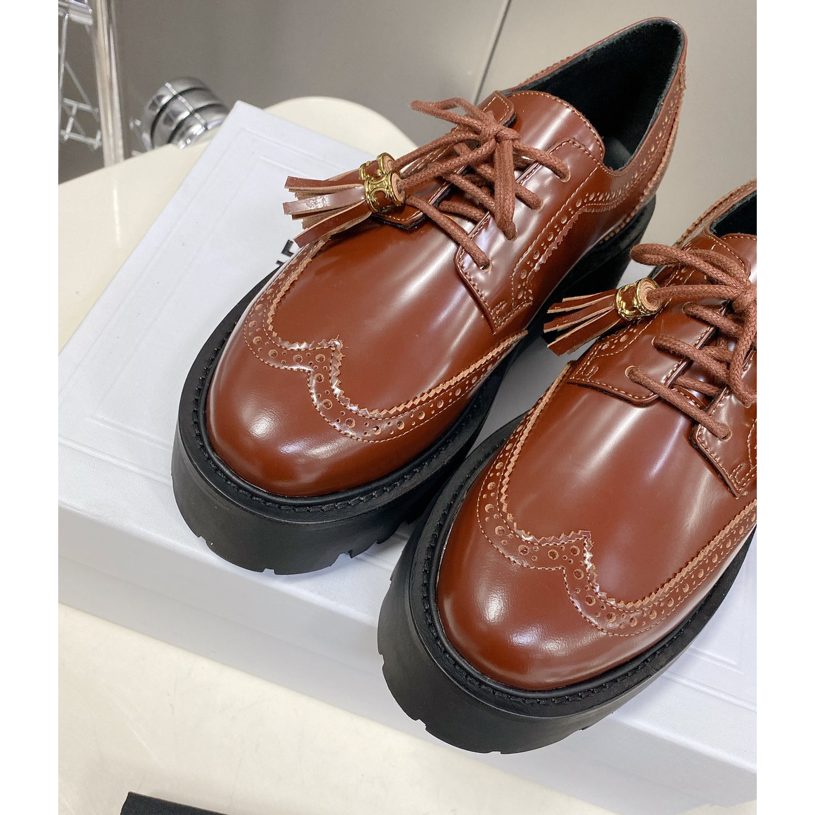 Celine Bulky Brogue Derby In Polished Bull - DesignerGu