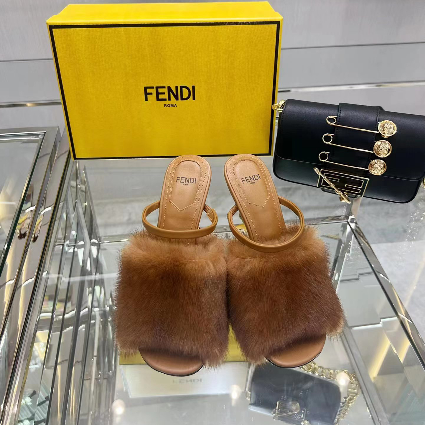 Fendi First Brown Mink High-Heeled Sandals - DesignerGu