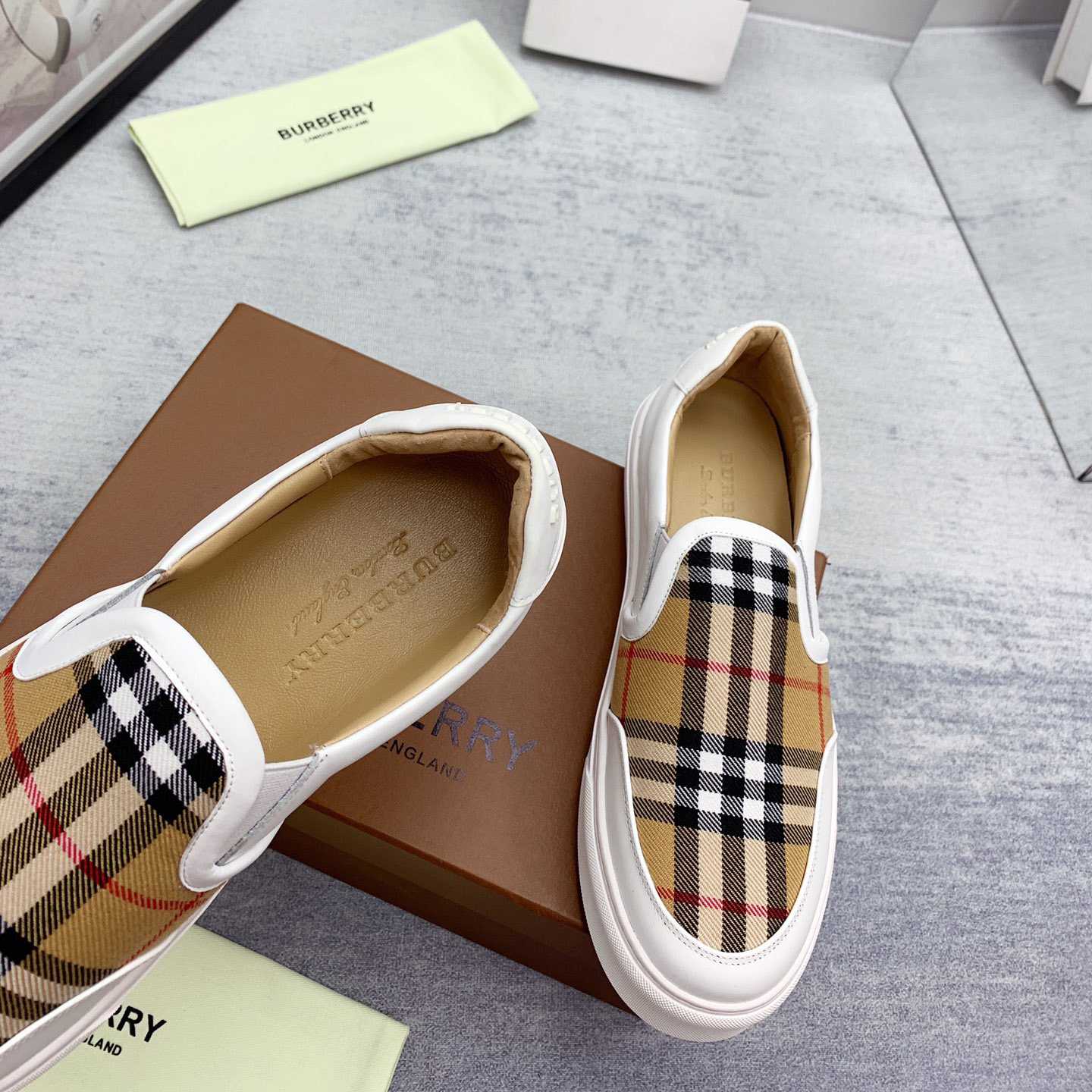 Burberry Leather And Vintage Check Slip-On Sneakers - DesignerGu