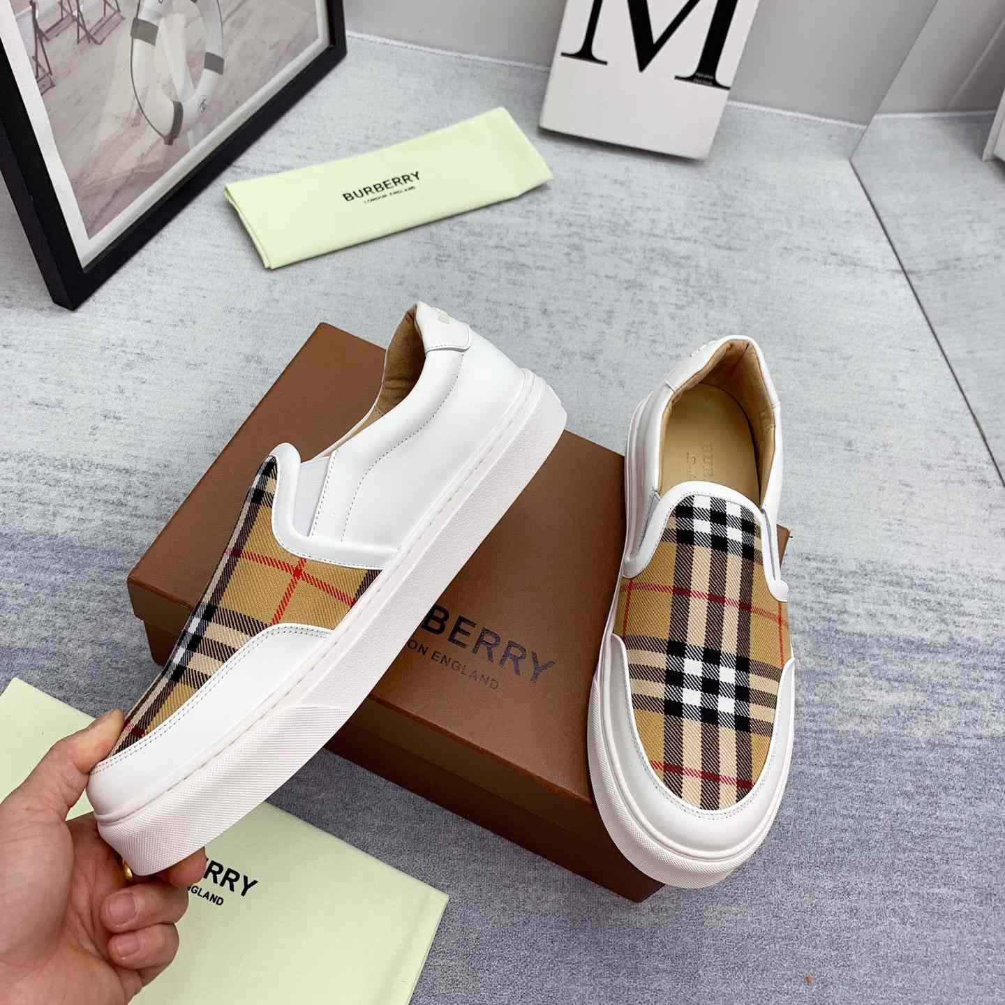 Burberry Leather And Vintage Check Slip-On Sneakers - DesignerGu