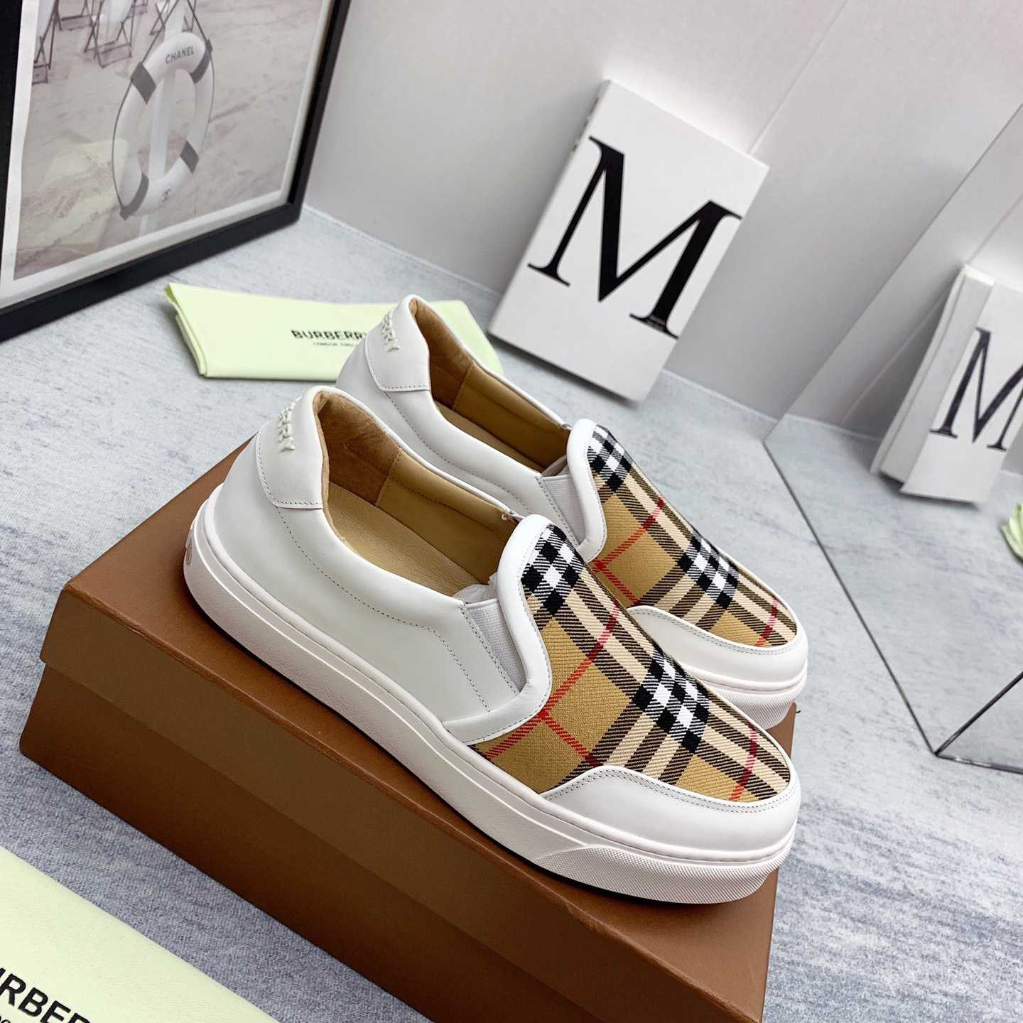 Burberry Leather And Vintage Check Slip-On Sneakers - DesignerGu