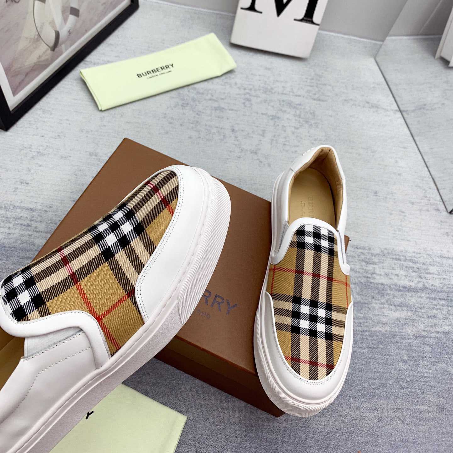 Burberry Leather And Vintage Check Slip-On Sneakers - DesignerGu