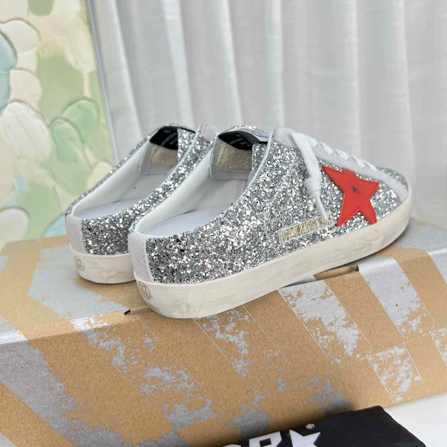 Golden Goose Super-Star Sabots In Silver Glitter With Red Leather Star - DesignerGu