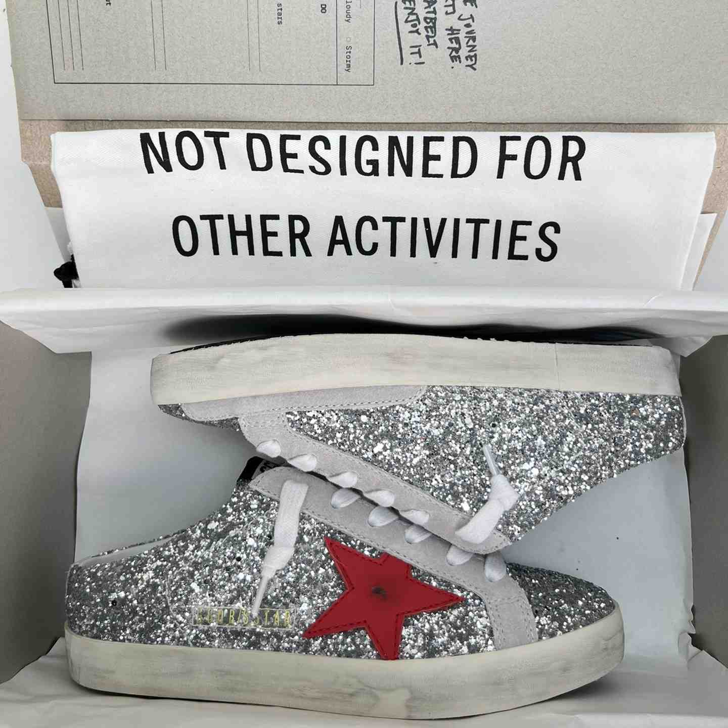 Golden Goose Super-Star Sabots In Silver Glitter With Red Leather Star - DesignerGu