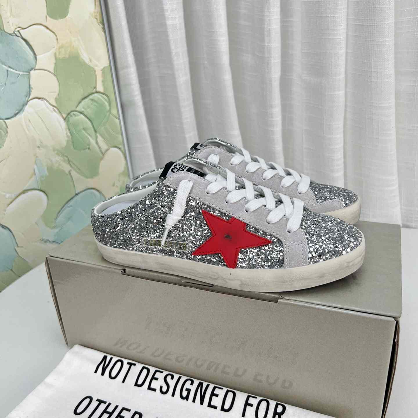 Golden Goose Super-Star Sabots In Silver Glitter With Red Leather Star - DesignerGu