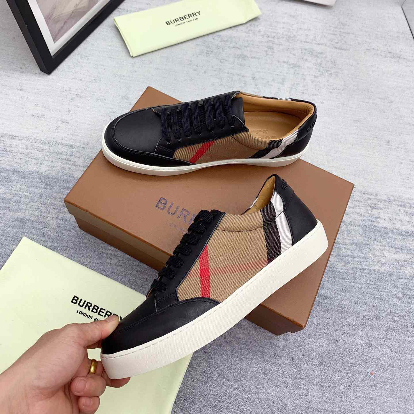 Burberry House Check Cotton And Leather Sneakers - DesignerGu