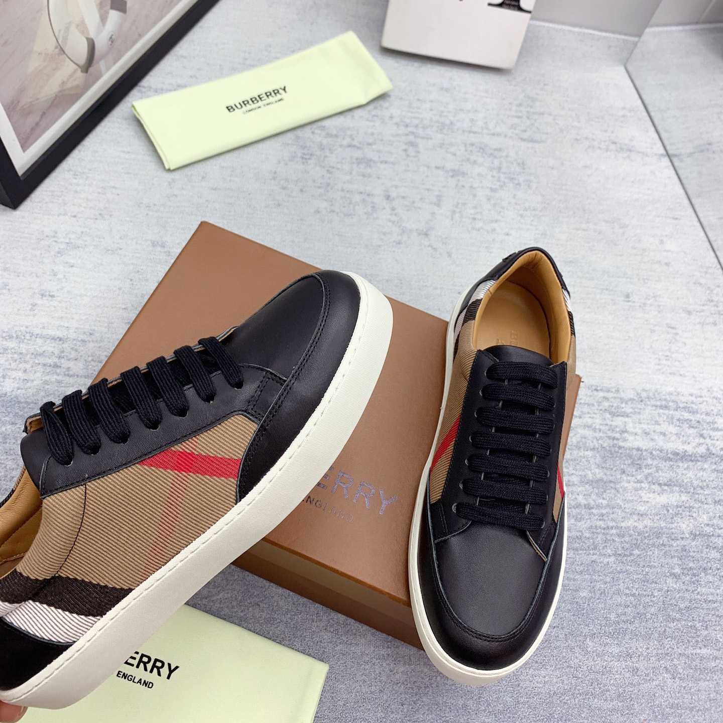 Burberry House Check Cotton And Leather Sneakers - DesignerGu