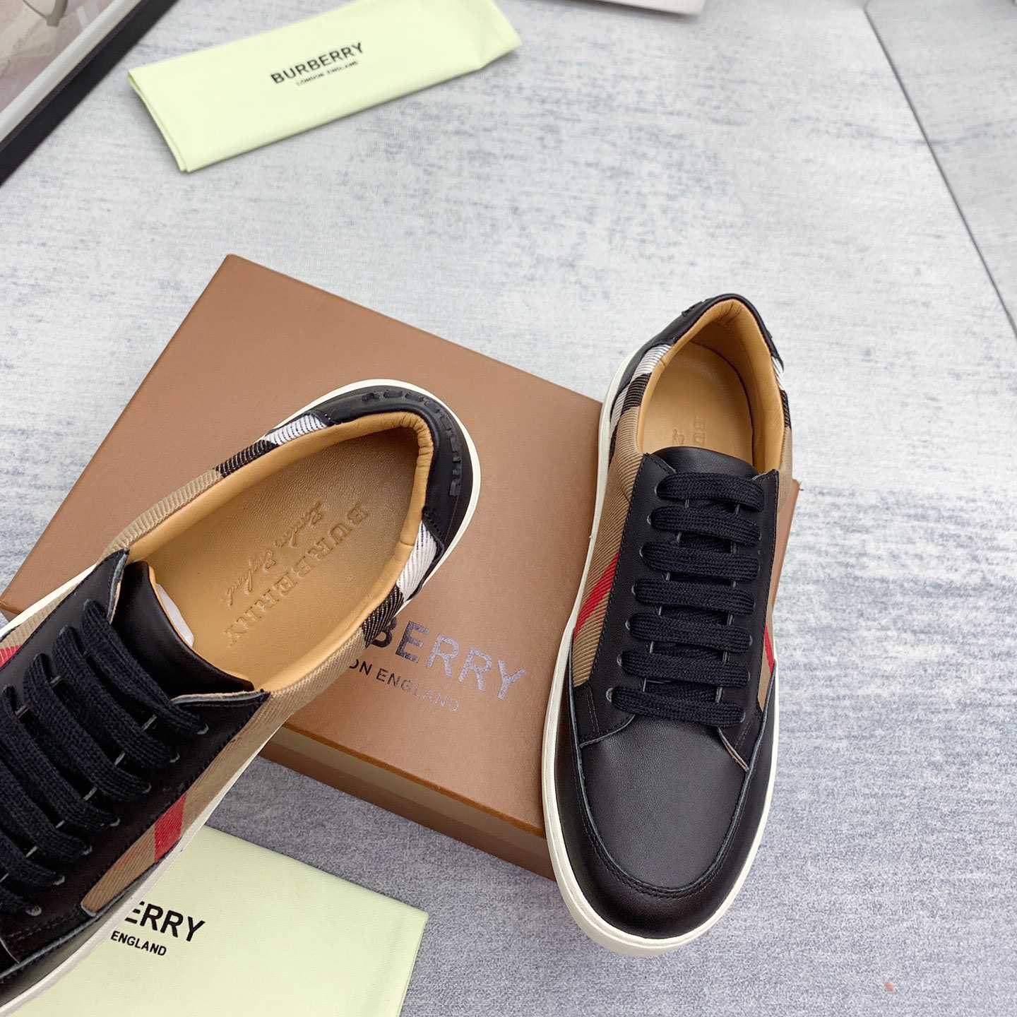 Burberry House Check Cotton And Leather Sneakers - DesignerGu