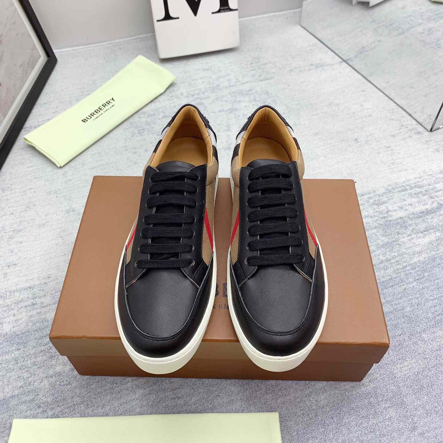 Burberry House Check Cotton And Leather Sneakers - DesignerGu