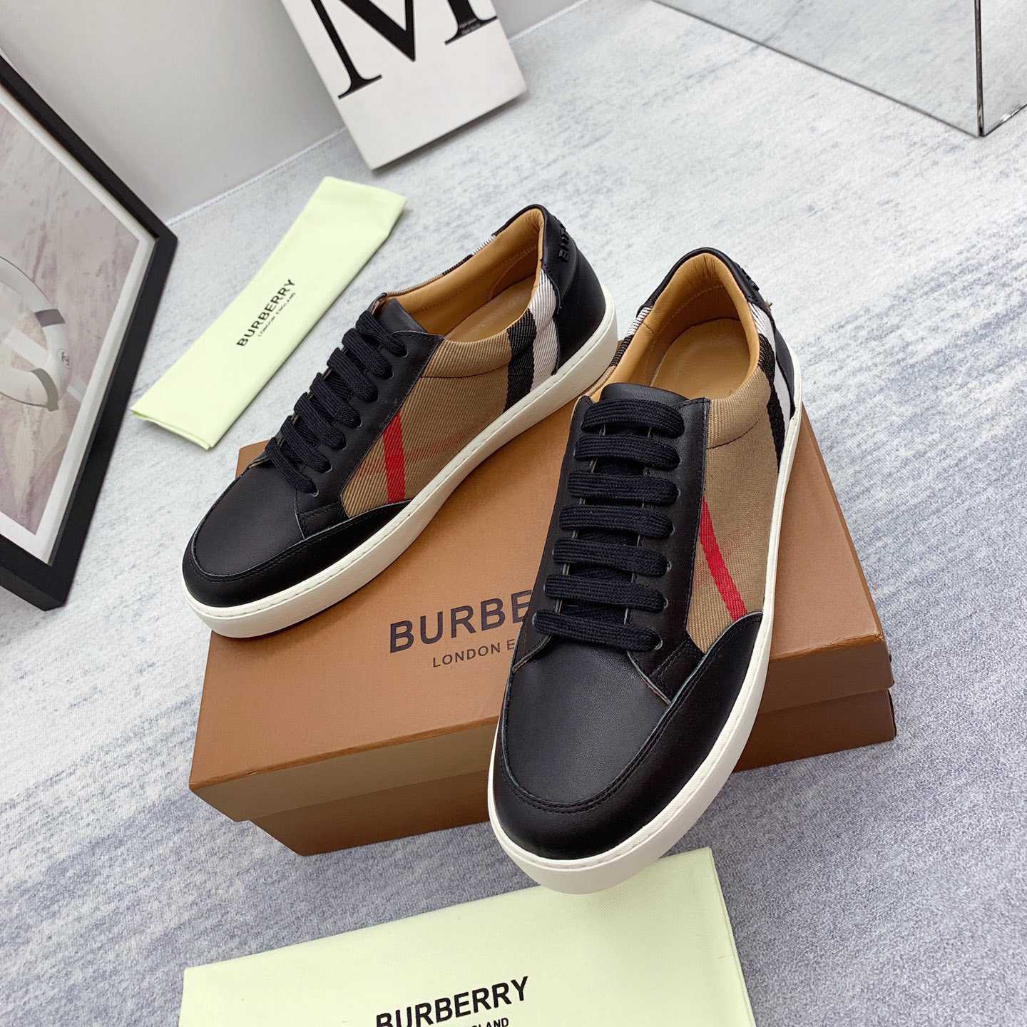 Burberry House Check Cotton And Leather Sneakers - DesignerGu