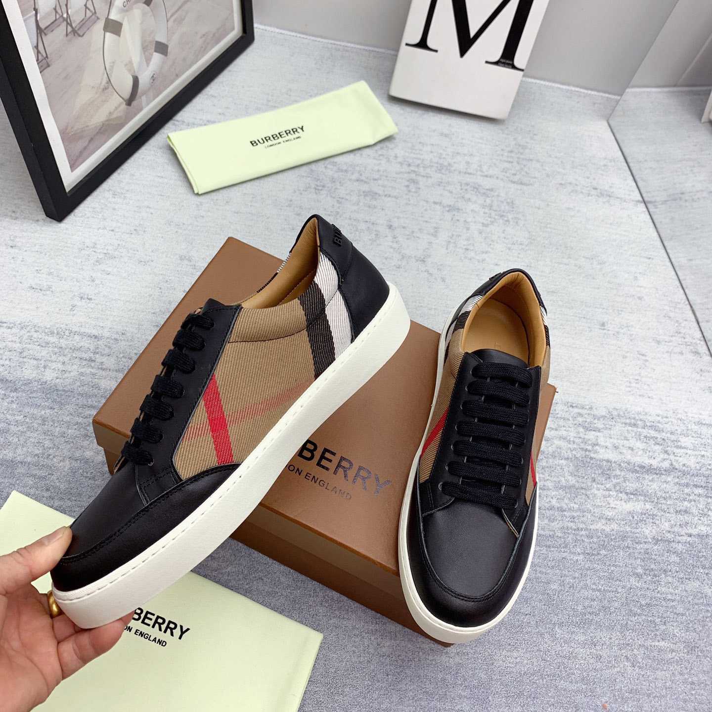 Burberry House Check Cotton And Leather Sneakers - DesignerGu