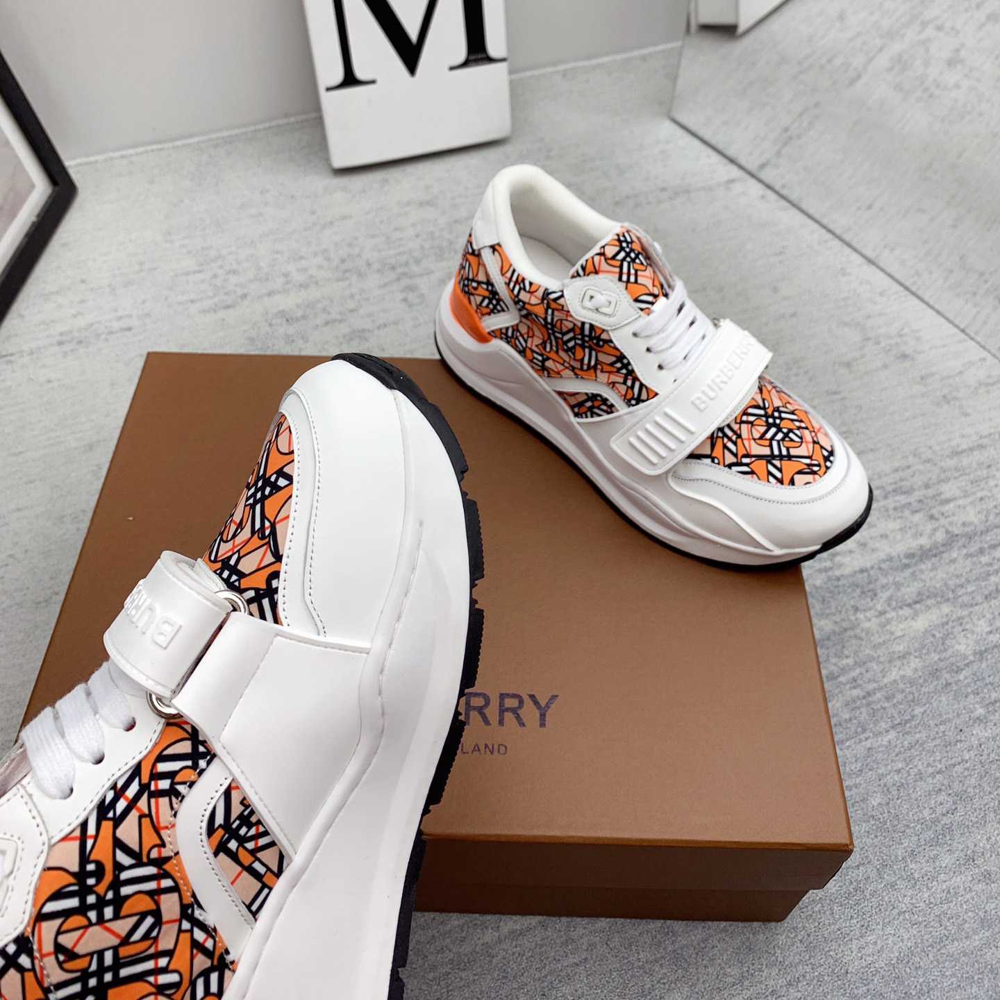 Burberry Monogram Print Linen Nylon And Leather Sneakers - DesignerGu