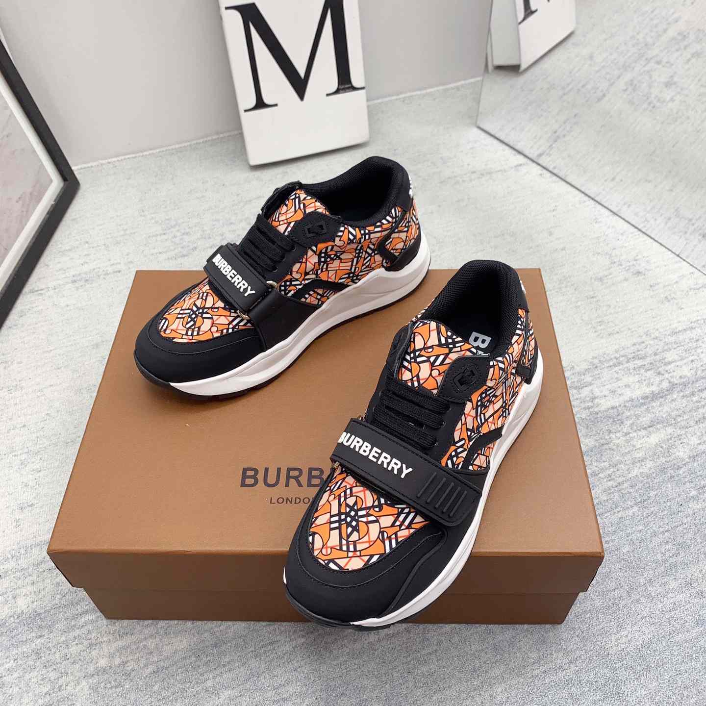 Burberry Monogram Print Linen Nylon And Leather Sneakers - DesignerGu