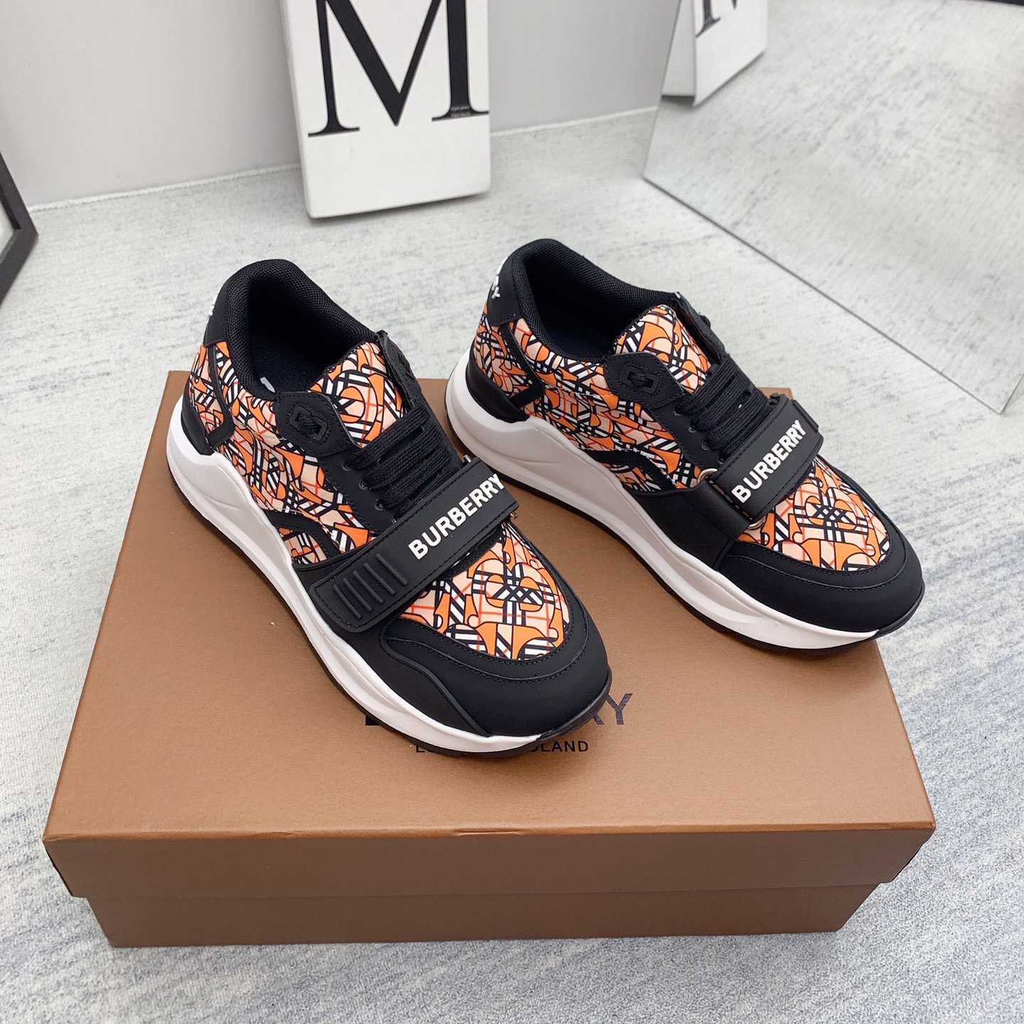 Burberry Monogram Print Linen Nylon And Leather Sneakers - DesignerGu