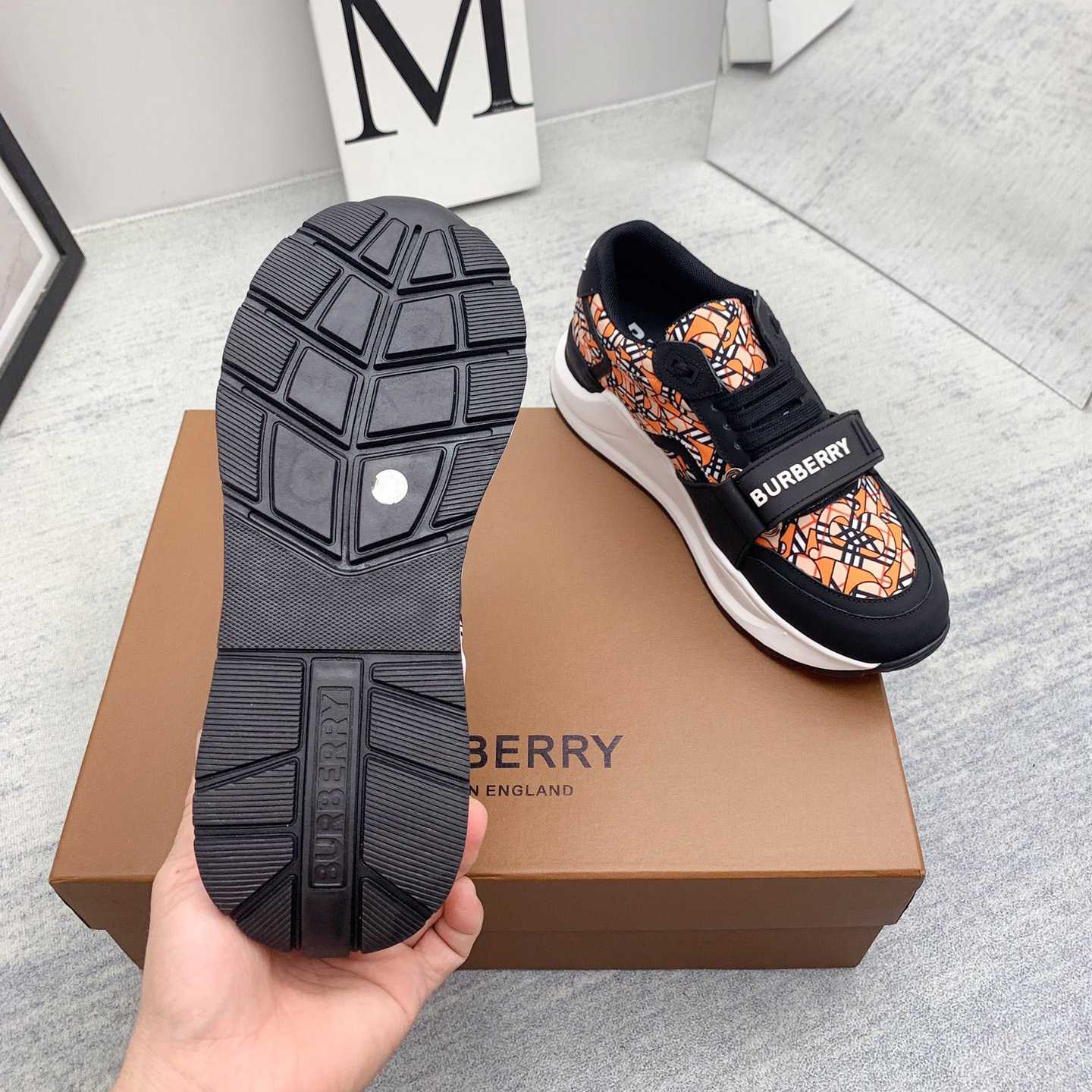 Burberry Monogram Print Linen Nylon And Leather Sneakers - DesignerGu