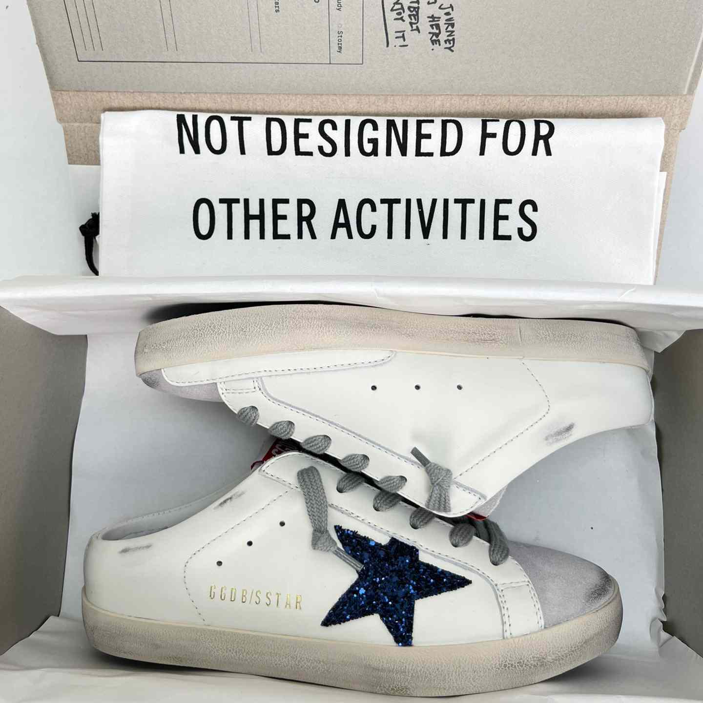 Golden Goose Super-Star Sabots In White Leather With Blue Glitter Star And Dove-Gray Suede Tongue - DesignerGu