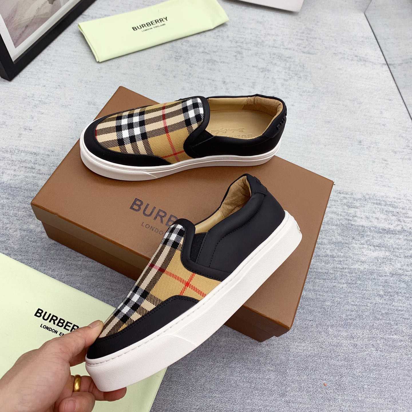 Burberry Leather And Vintage Check Slip-On Sneakers - DesignerGu