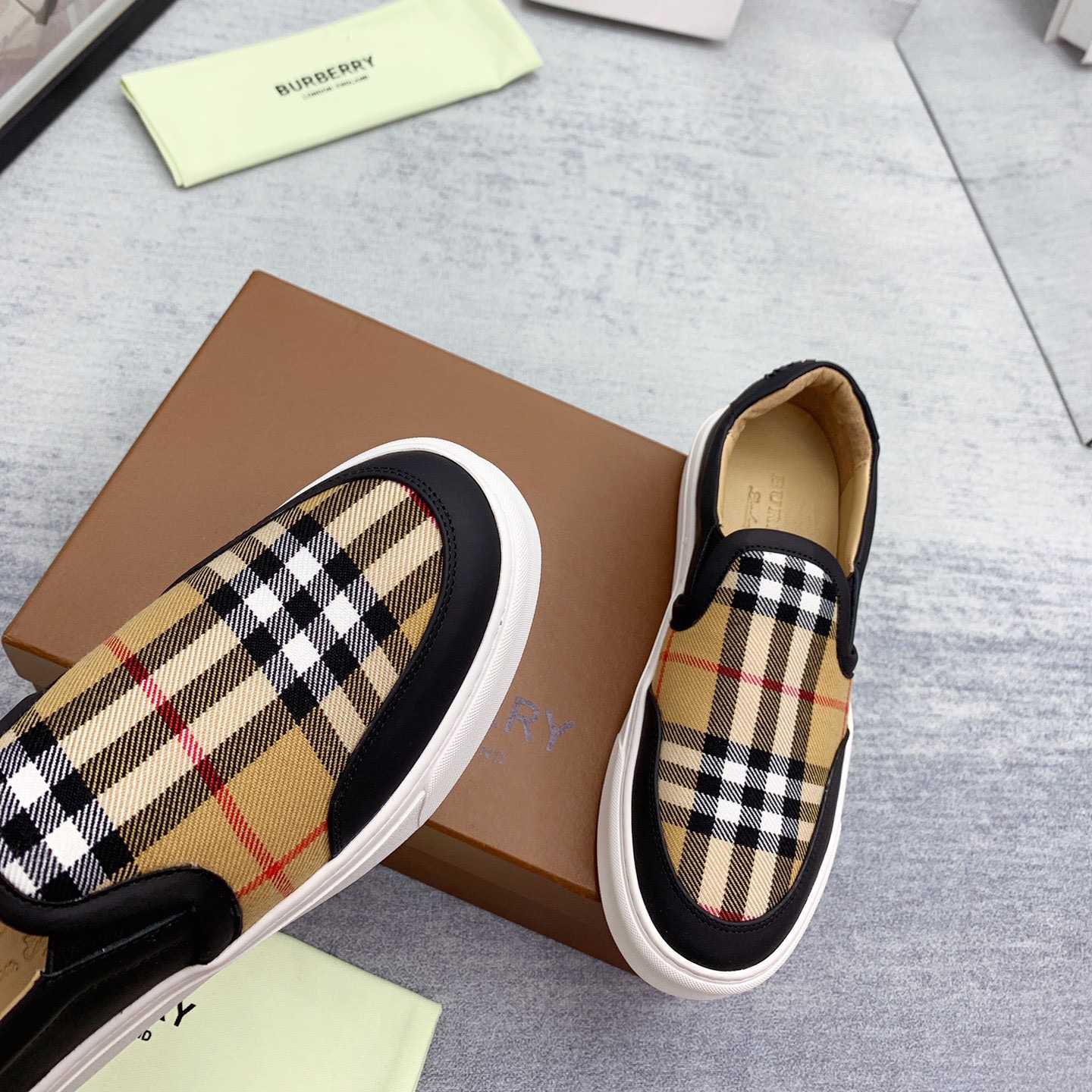 Burberry Leather And Vintage Check Slip-On Sneakers - DesignerGu