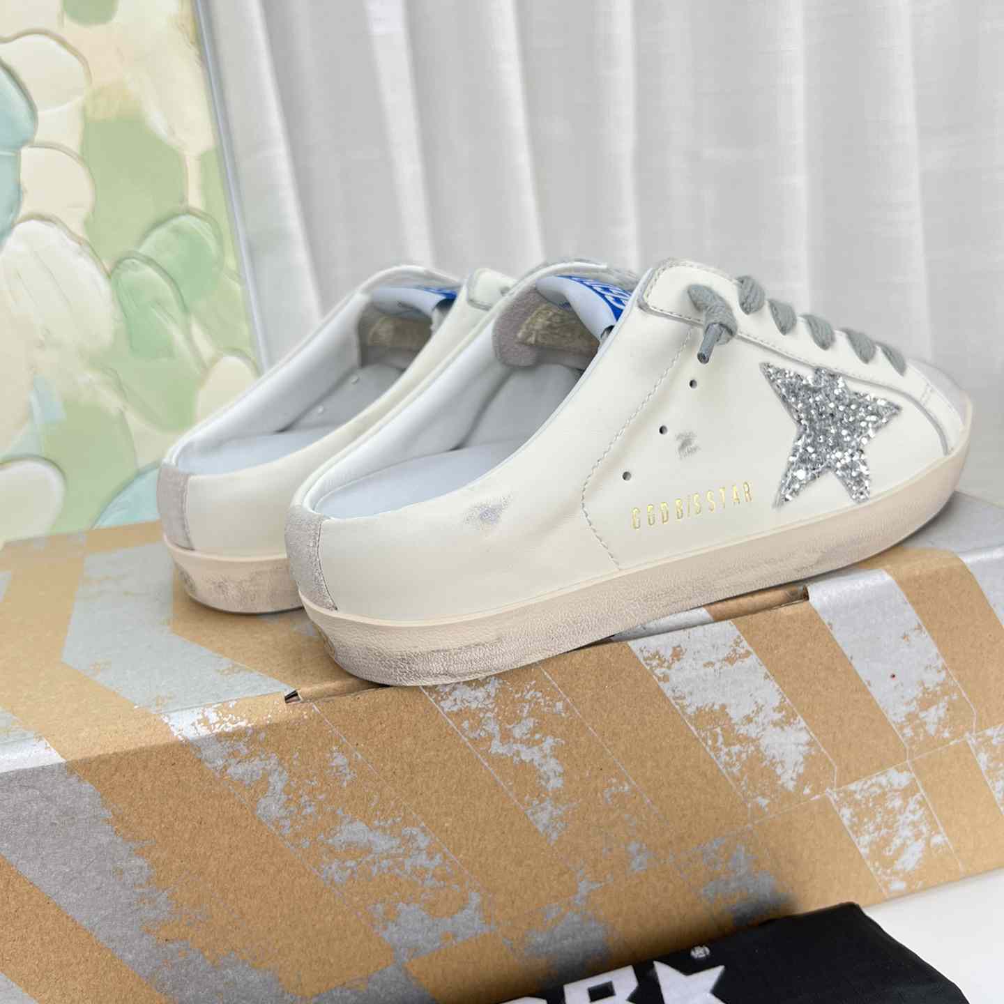 Golden Goose Super-Star Sabots In White Leather And Gray Suede With Silver Glitter Star - DesignerGu