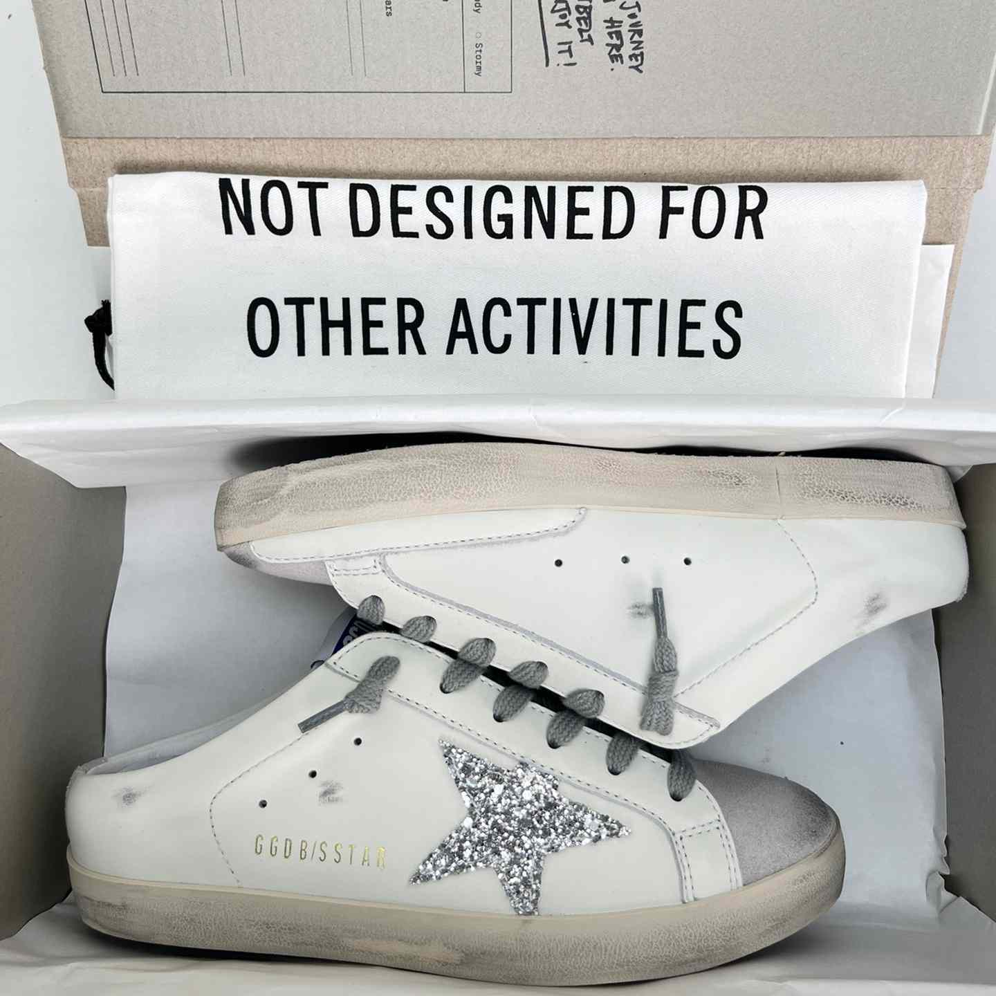 Golden Goose Super-Star Sabots In White Leather And Gray Suede With Silver Glitter Star - DesignerGu