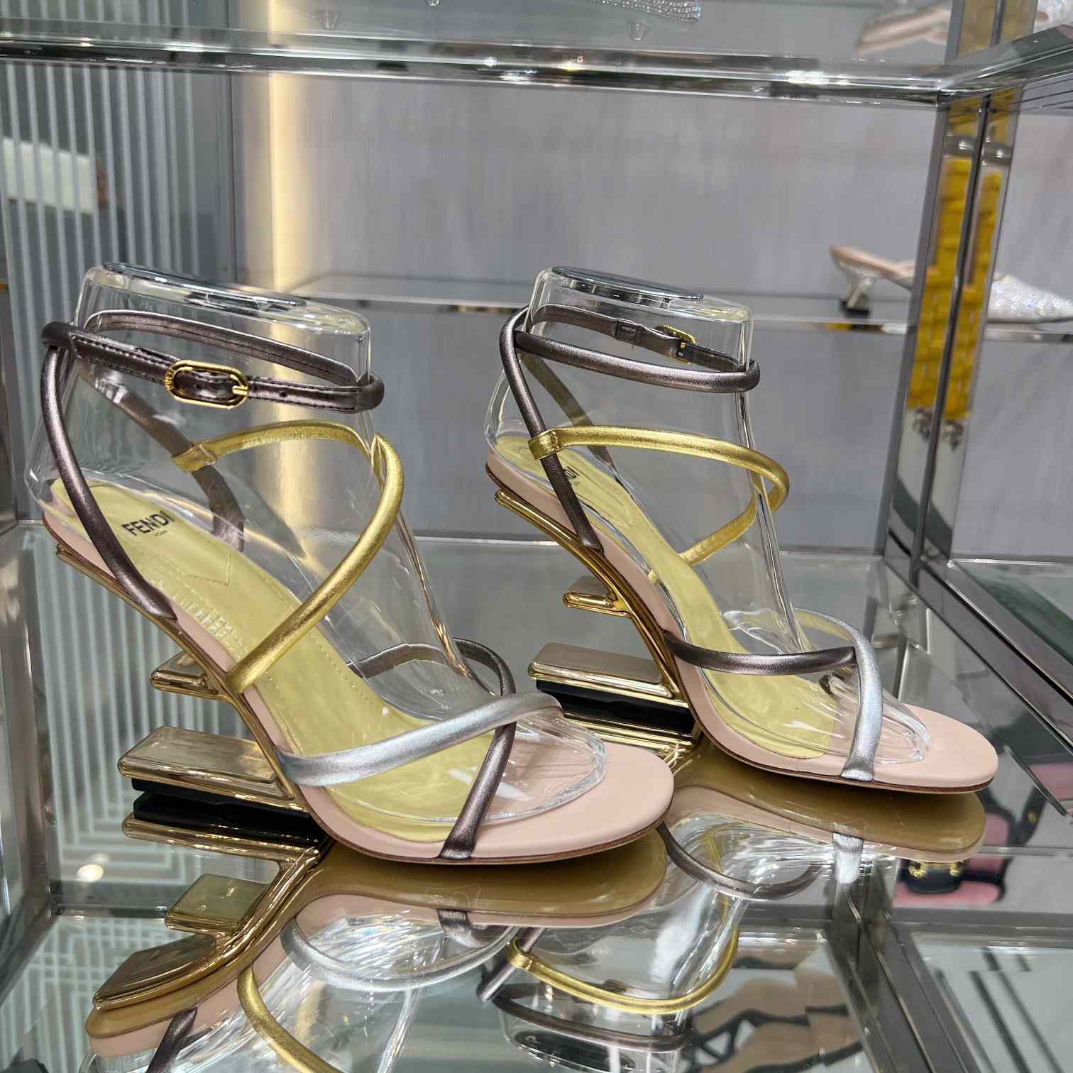 Fendi First Silver Nappa Leather Medium-Heeled Sandals - DesignerGu