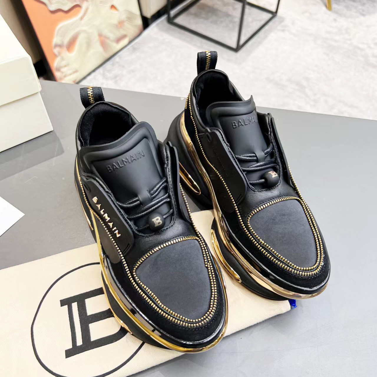 Balmain Leather And Suede B-Bold Low-Top Sneakers - DesignerGu