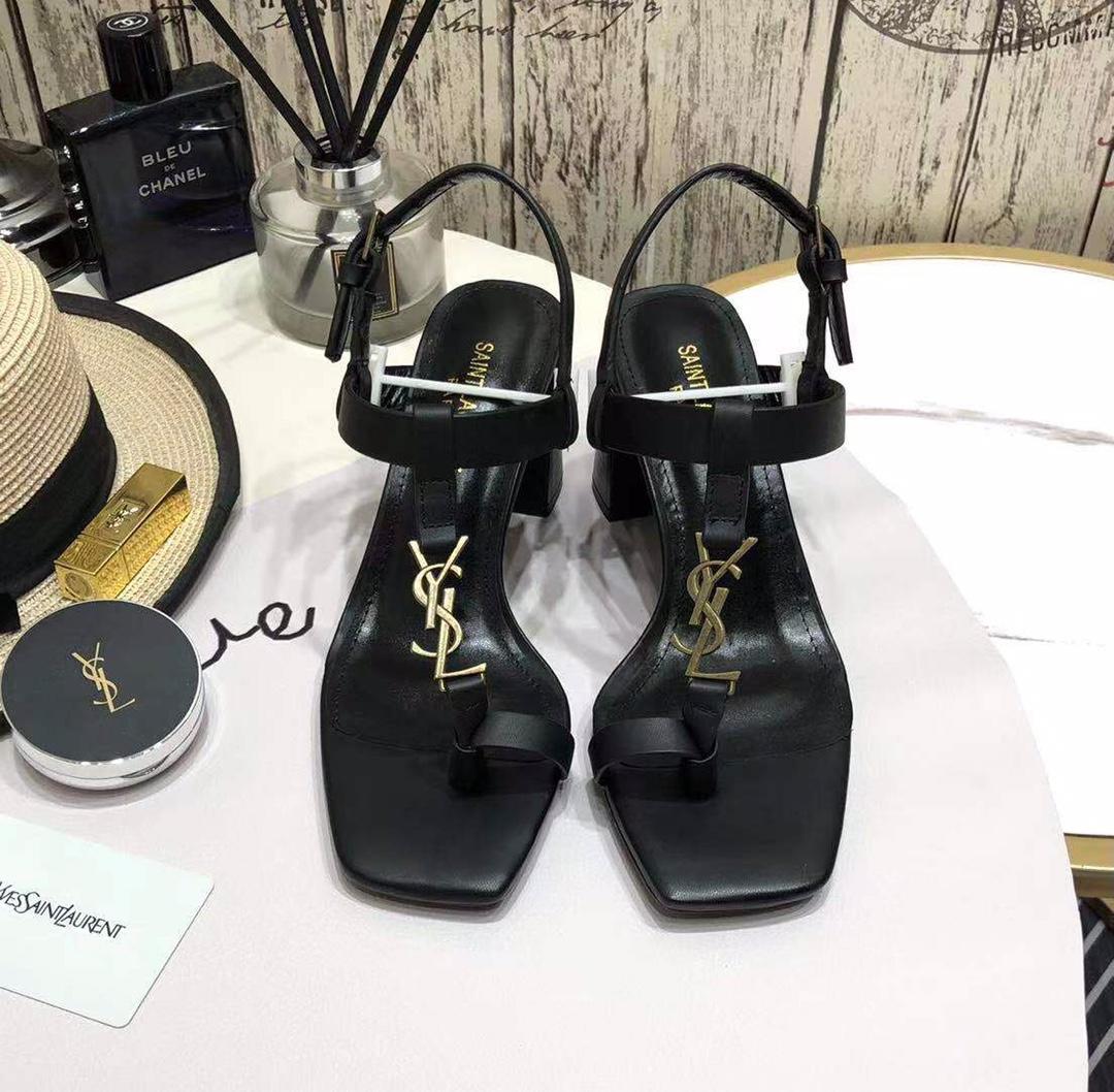 Saint Laurent Cassandra Heeled Sandals In Smooth Leather With Gold-Tone Monogram - DesignerGu