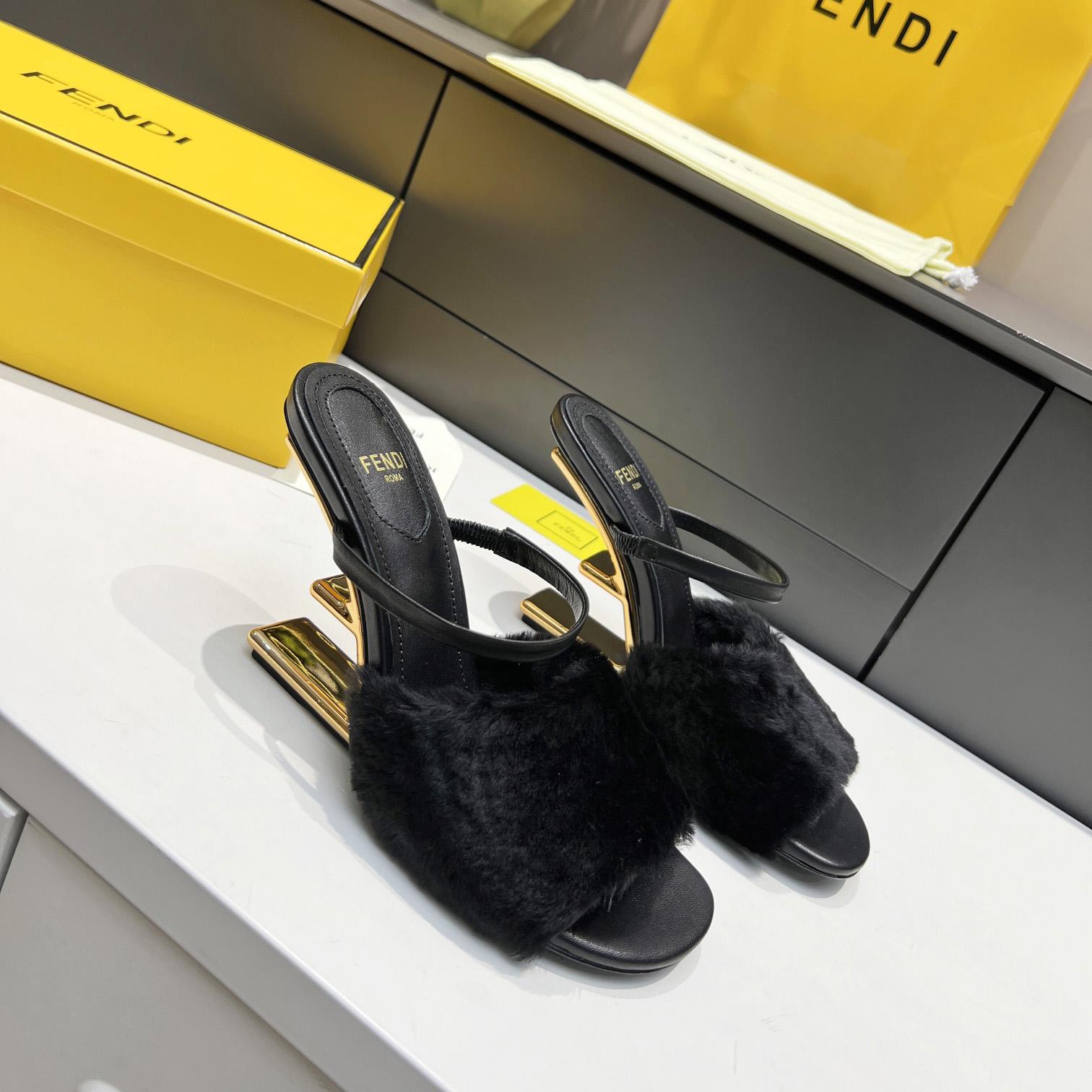 Fendi First Black Mink Medium-Heel Sandals - DesignerGu