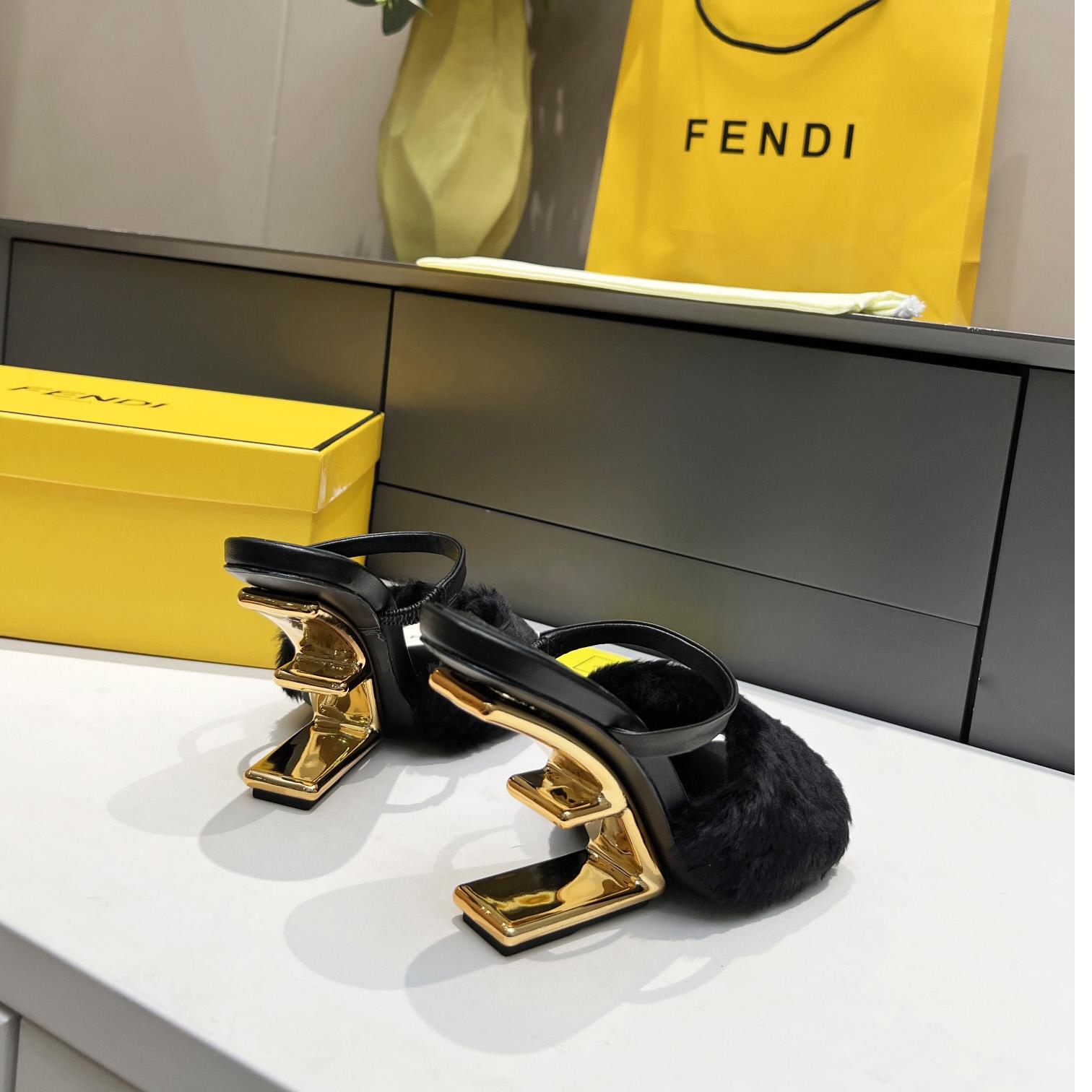 Fendi First Black Mink Medium-Heel Sandals - DesignerGu