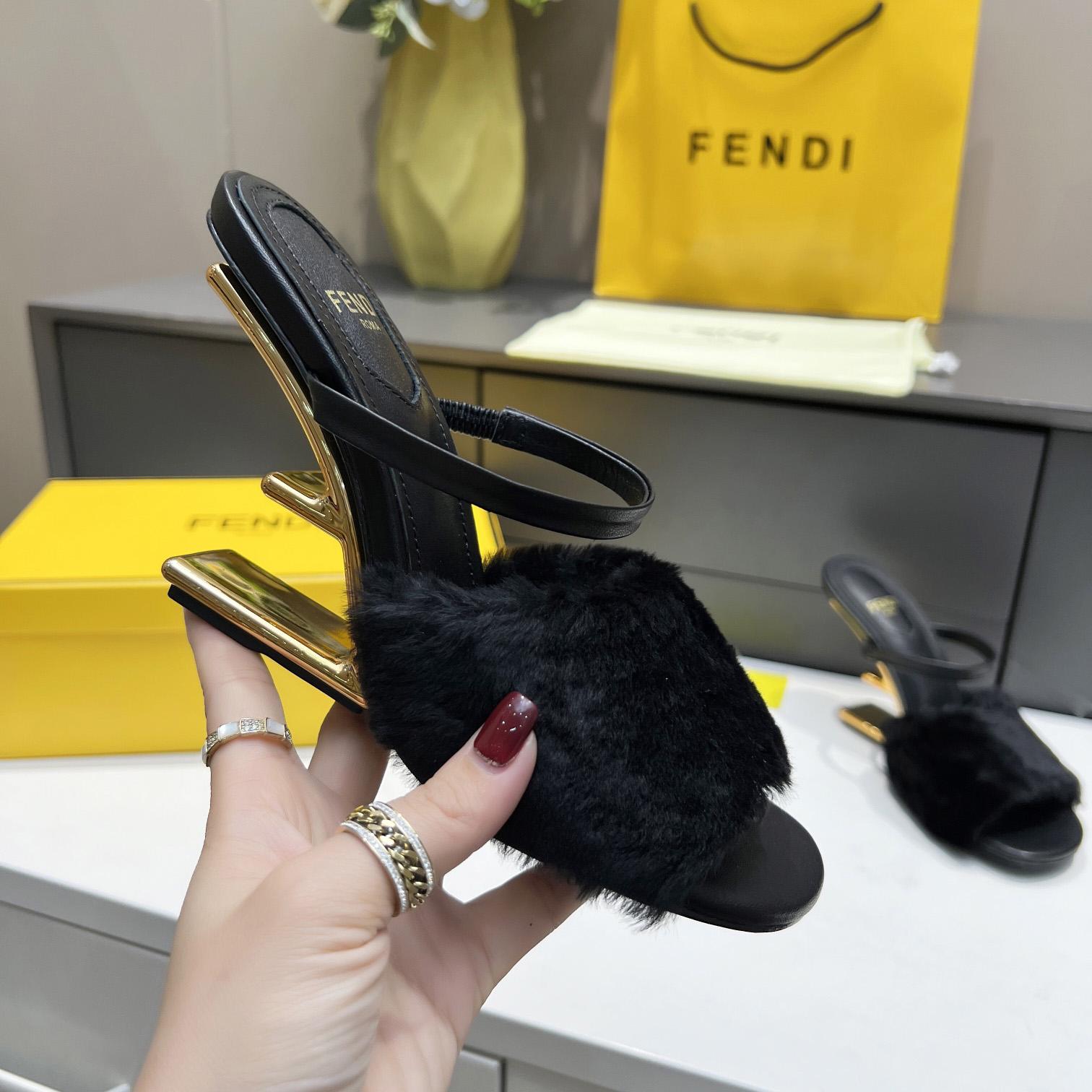 Fendi First Black Mink Medium-Heel Sandals - DesignerGu