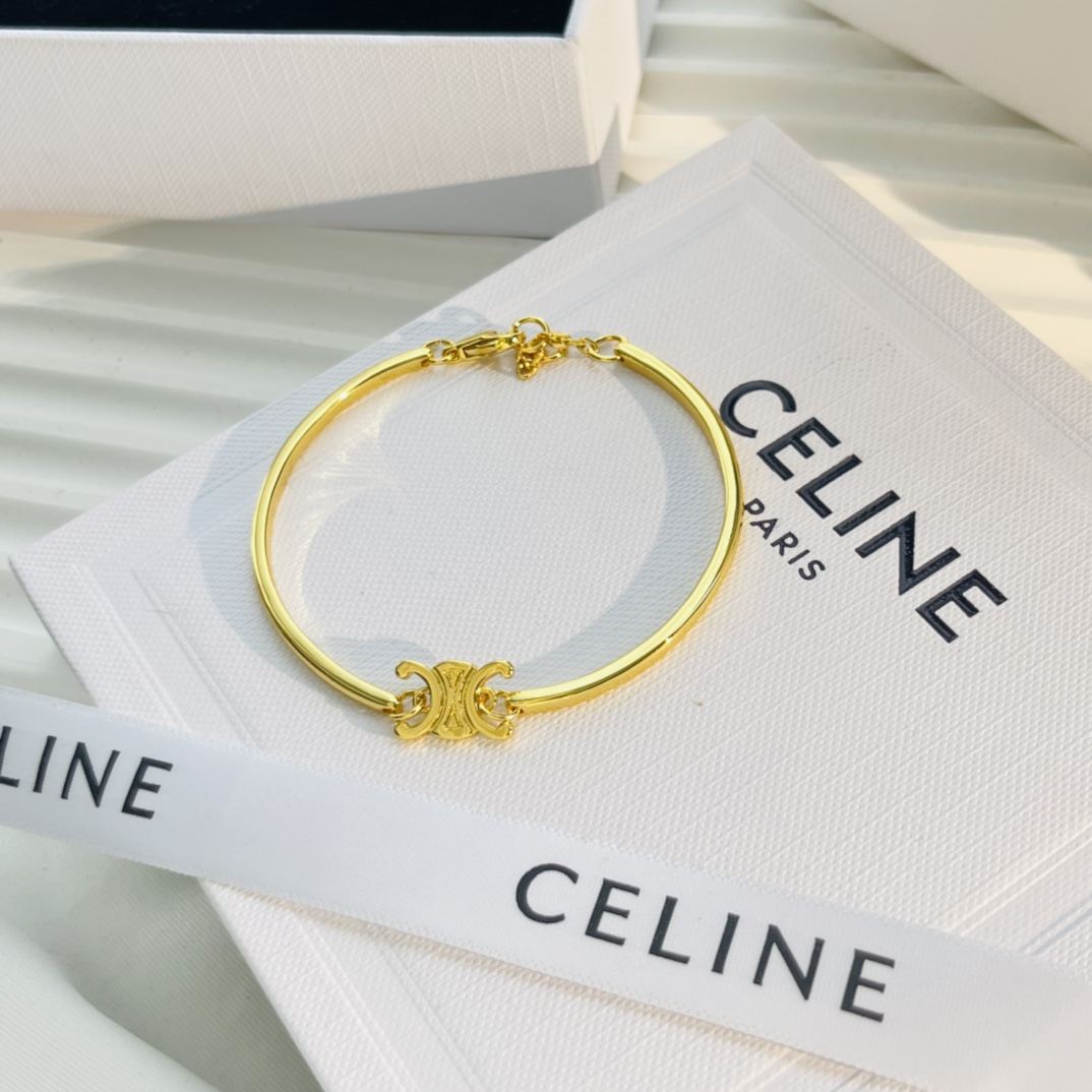 Celine Triomphe Articulated Bracelet In Brass With Gold Finish - DesignerGu