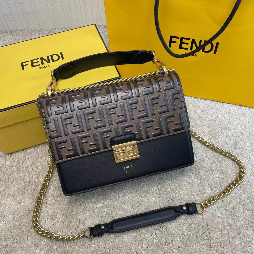 Fendi Kan I Black Leather Bag (25-17-10cm)   - DesignerGu