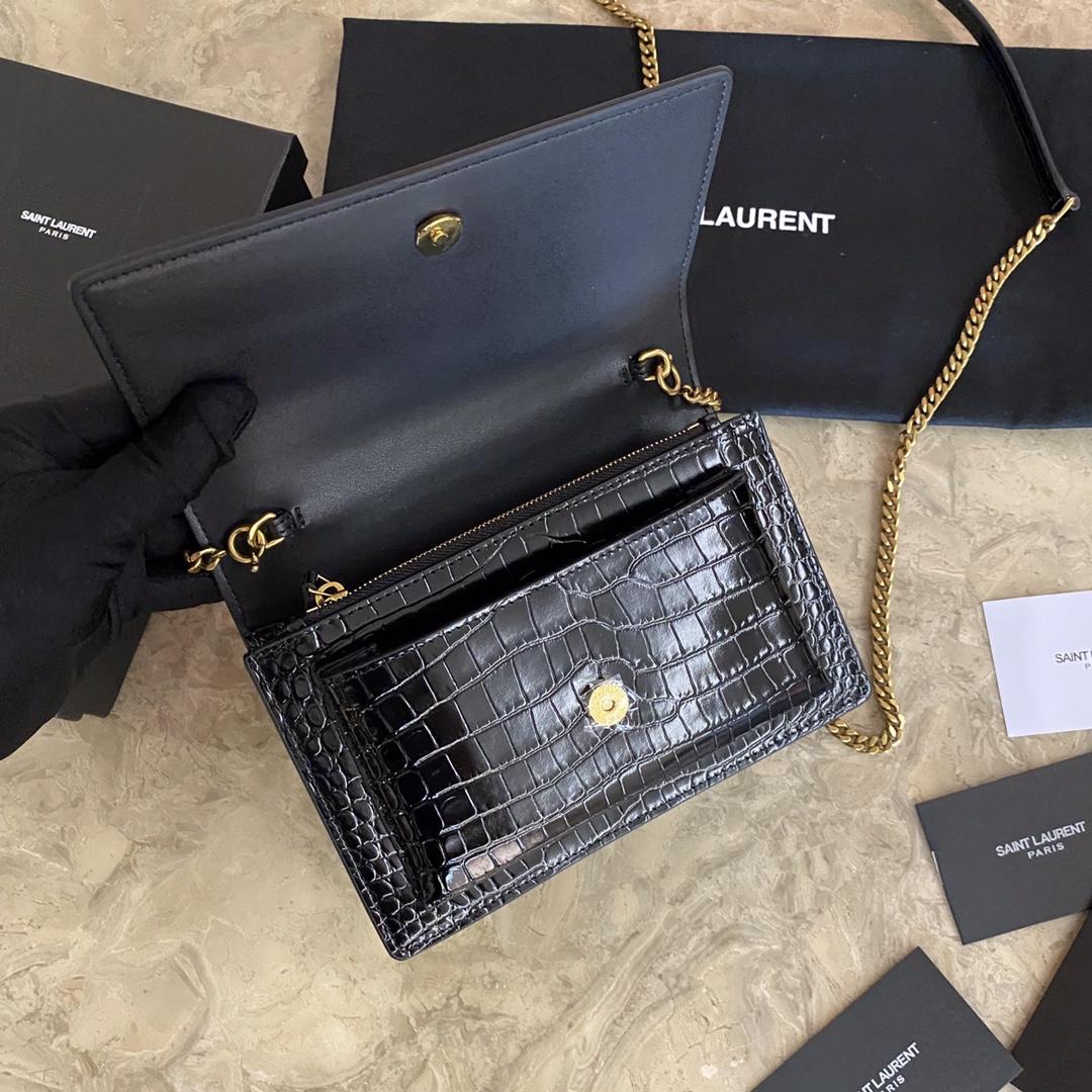 Saint Laurent Sunset Chain Wallet In Crocodile-Embossed Shiny Leather - DesignerGu