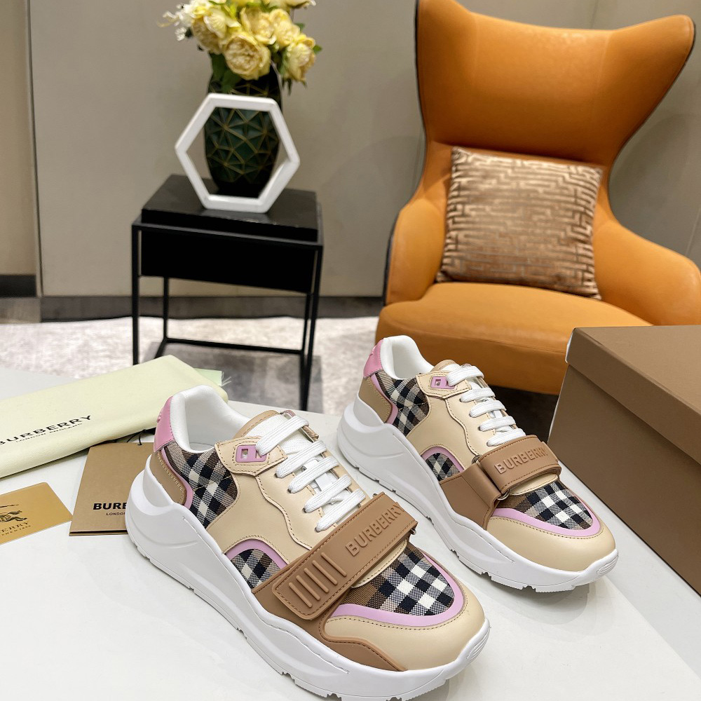 Burberry Check Cotton And Leather Sneakers - DesignerGu