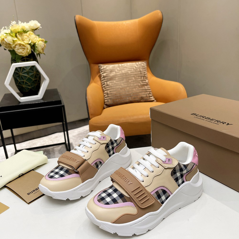 Burberry Check Cotton And Leather Sneakers - DesignerGu