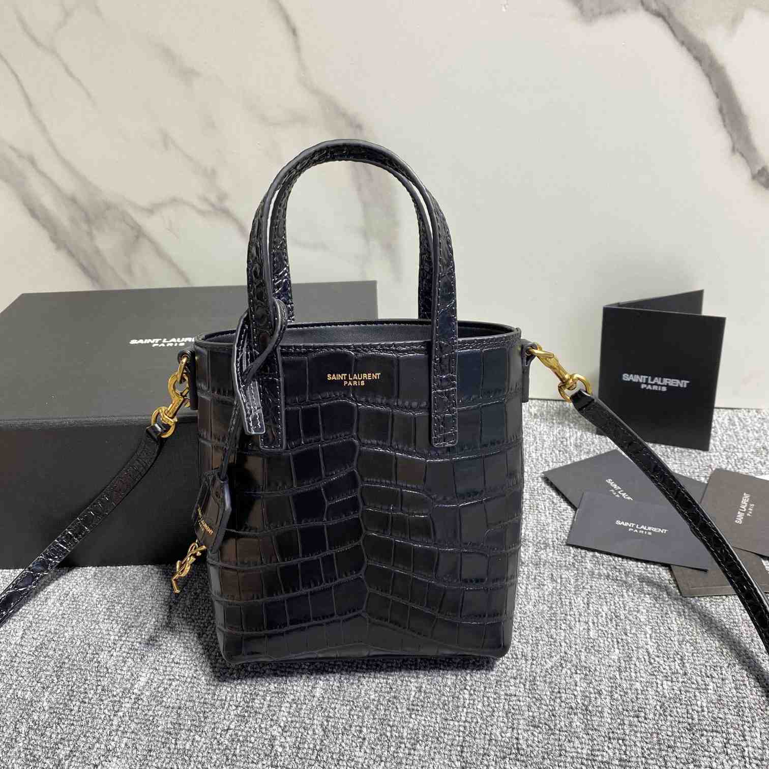 Saint Laurent Paris Mini Toy Shopping In Crocodile-Embossed Leather  - DesignerGu