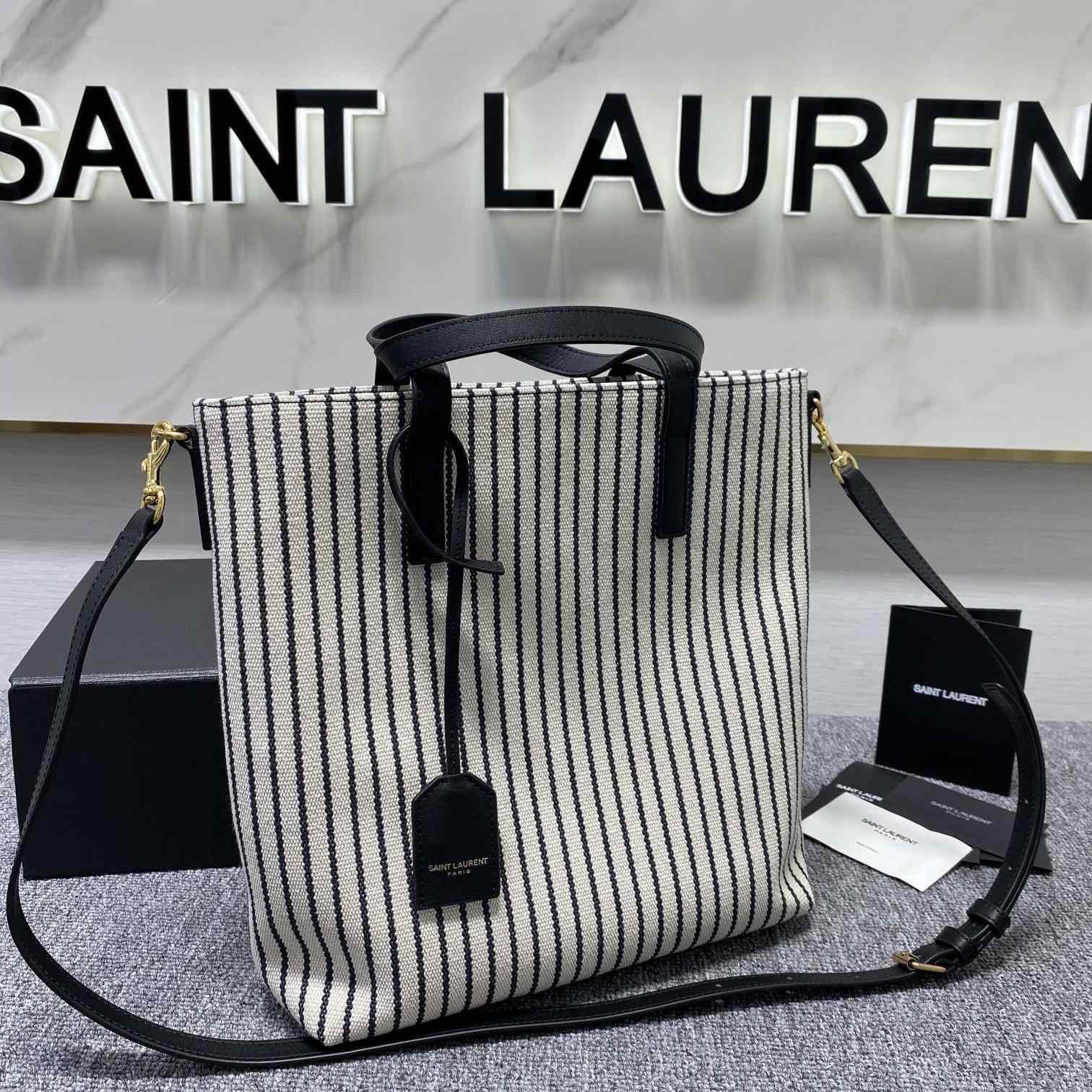 Saint Laurent Shopping Toy Striped Canvas Tote (25x28x8cm) - DesignerGu