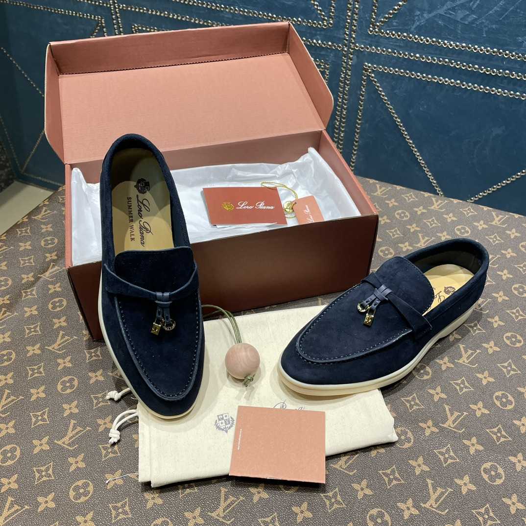 Loro Piana Summer Charms Walk Suede Loafers In Caviar - DesignerGu