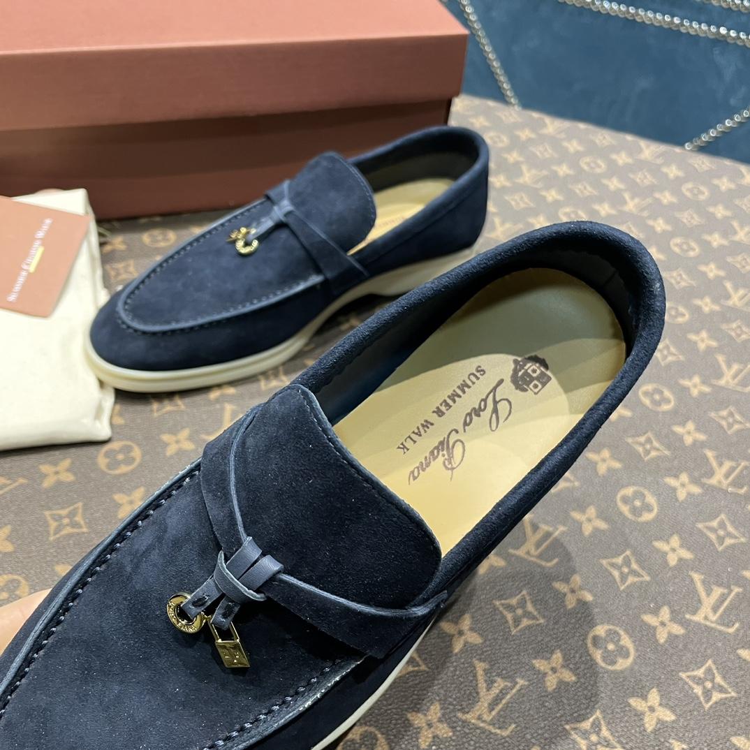 Loro Piana Summer Charms Walk Suede Loafers In Caviar - DesignerGu