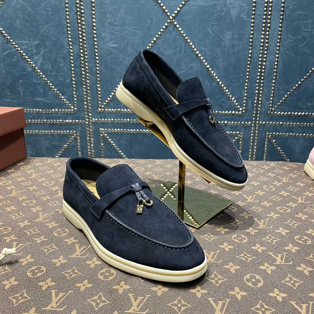 Loro Piana Summer Charms Walk Suede Loafers In Caviar - DesignerGu